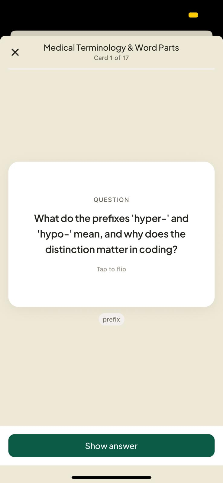 Flashcard question — Medical Terminology & Word Parts