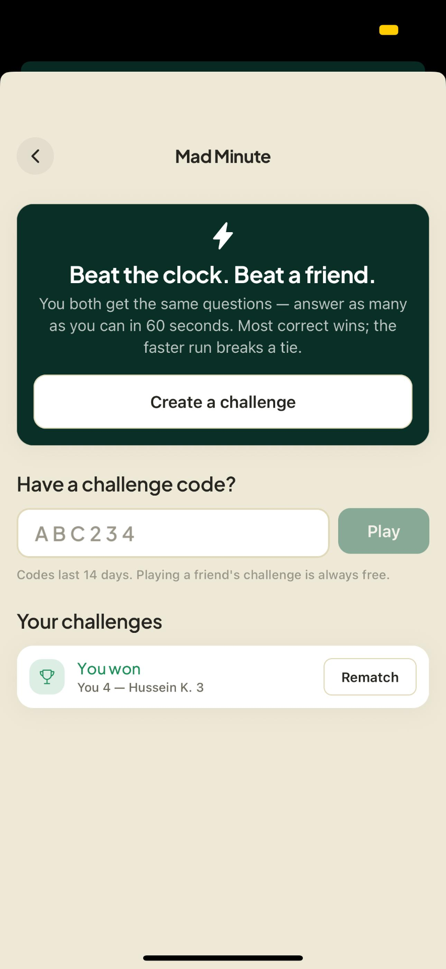 Mad Minute lobby — create a challenge or enter a code