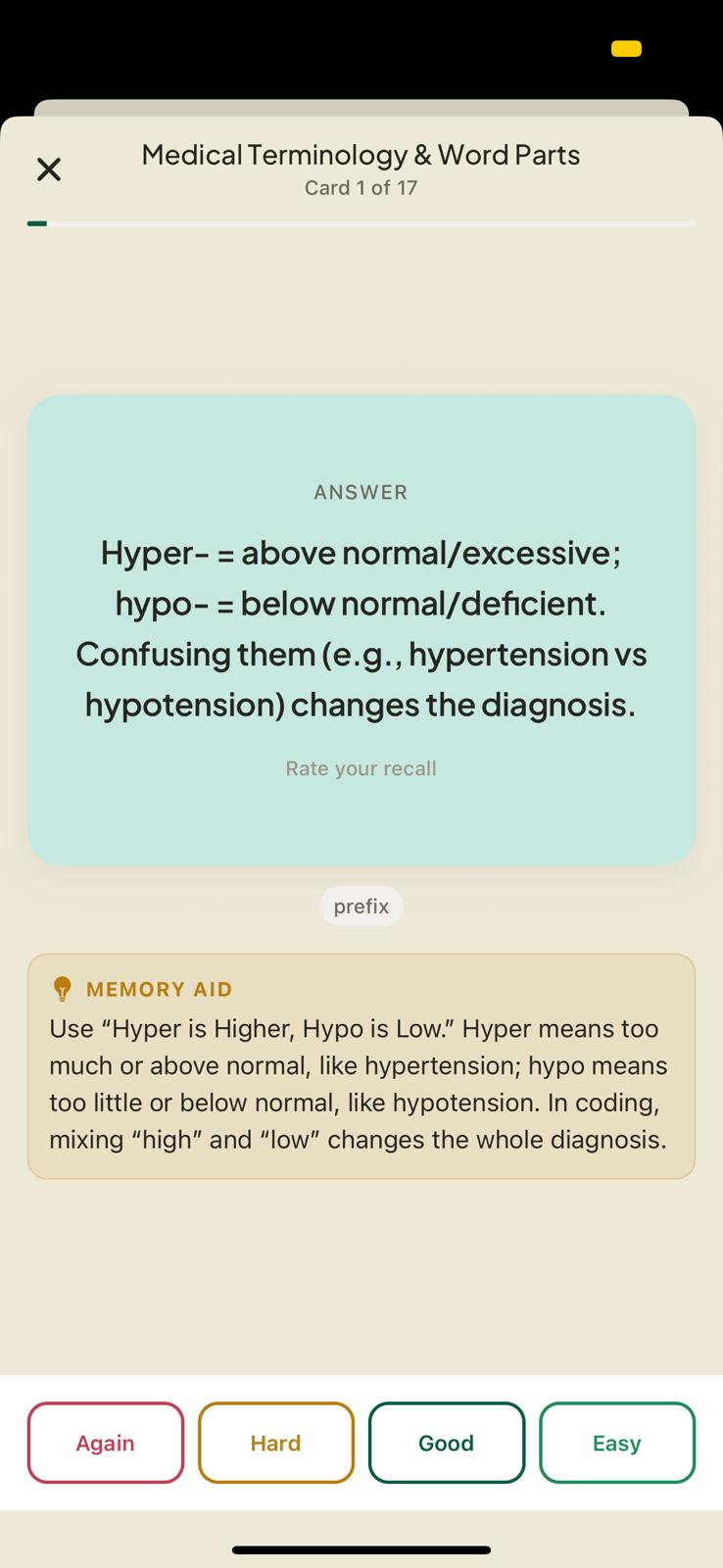 Flashcard answer with memory aid and recall rating