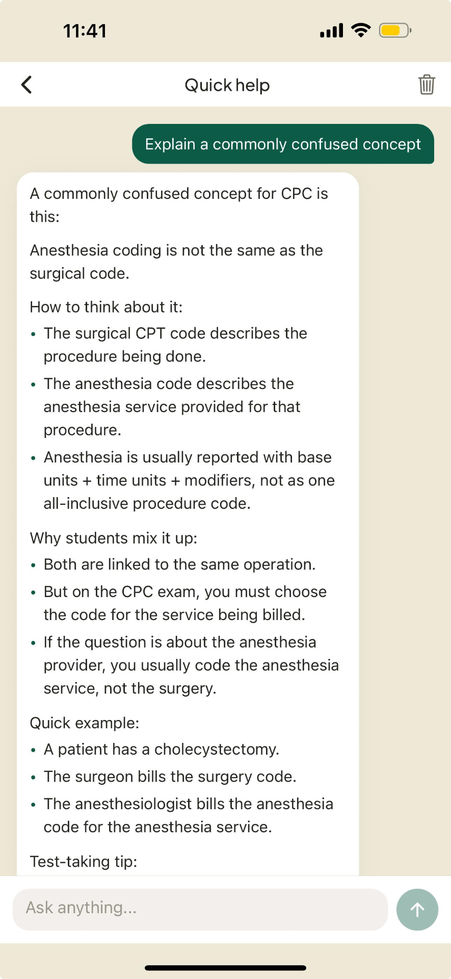 Cody — Quick help chat explaining an anesthesia coding concept