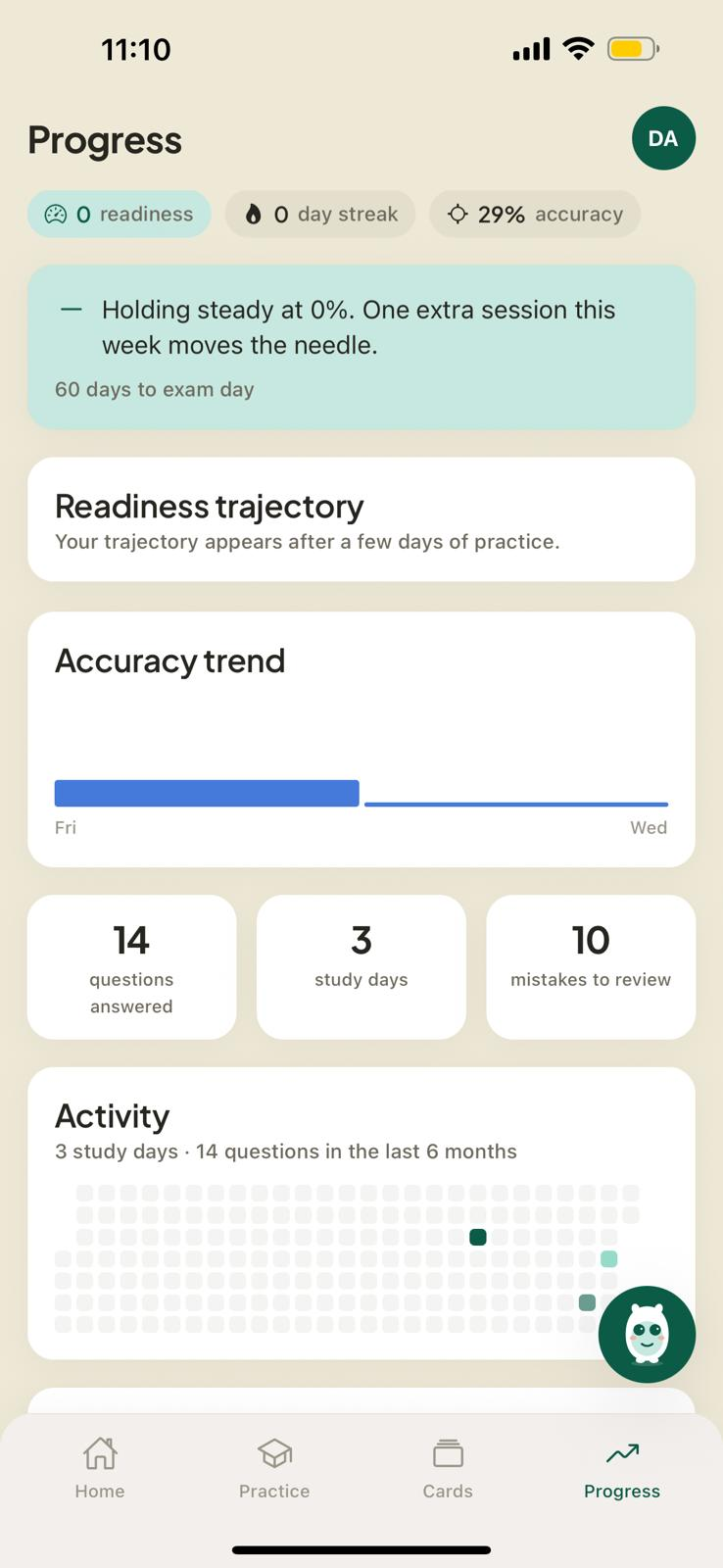 Progress — accuracy trend and activity heatmap
